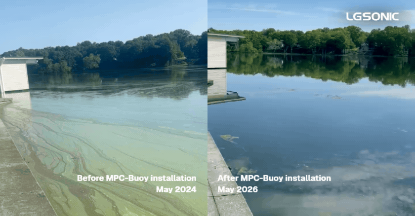 The impact of LG Sonic Algae Control in Community lakes. The image shows the before and after MPC-Buoy installation on a lake. A clear result on how adaptive ultrasound eliminate algae in a lake, displaying crystal clear water and no more foul smell.