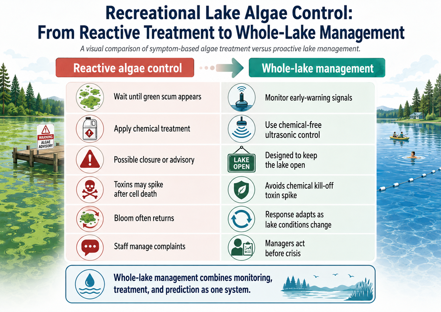 Recreational lake algae control infographic comparing reactive chemical treatment with whole-lake monitoring and ultrasonic control.